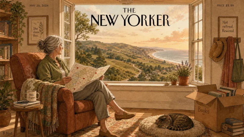 An editorial illustration of a single retired woman looking out her window at a beautiful landscape, planning her new beginning.