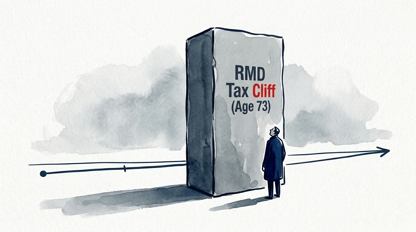 An editorial ink illustration showing a figure standing before a massive stone block labeled RMD Tax Cliff.