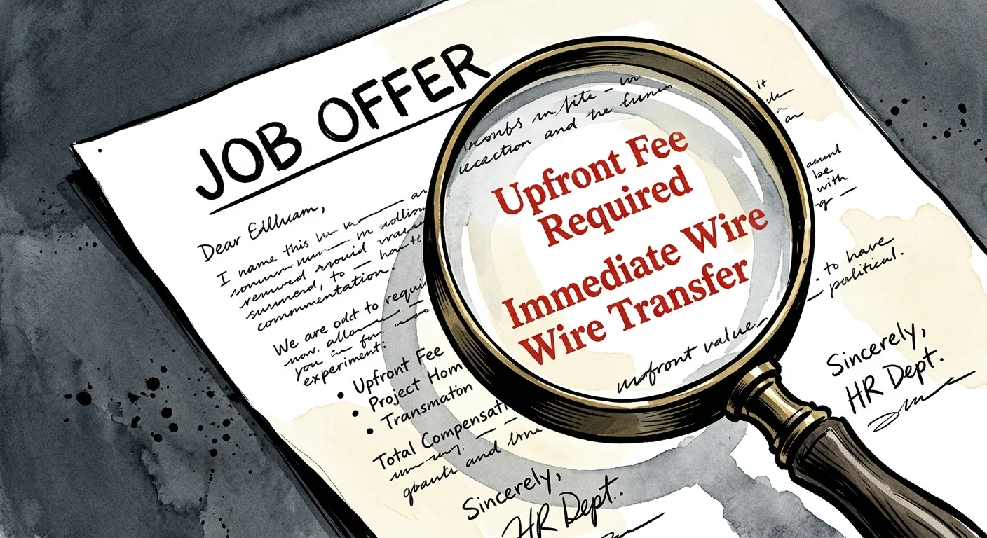 An editorial watercolor illustration of a magnifying glass highlighting warning phrases on a fraudulent job contract.