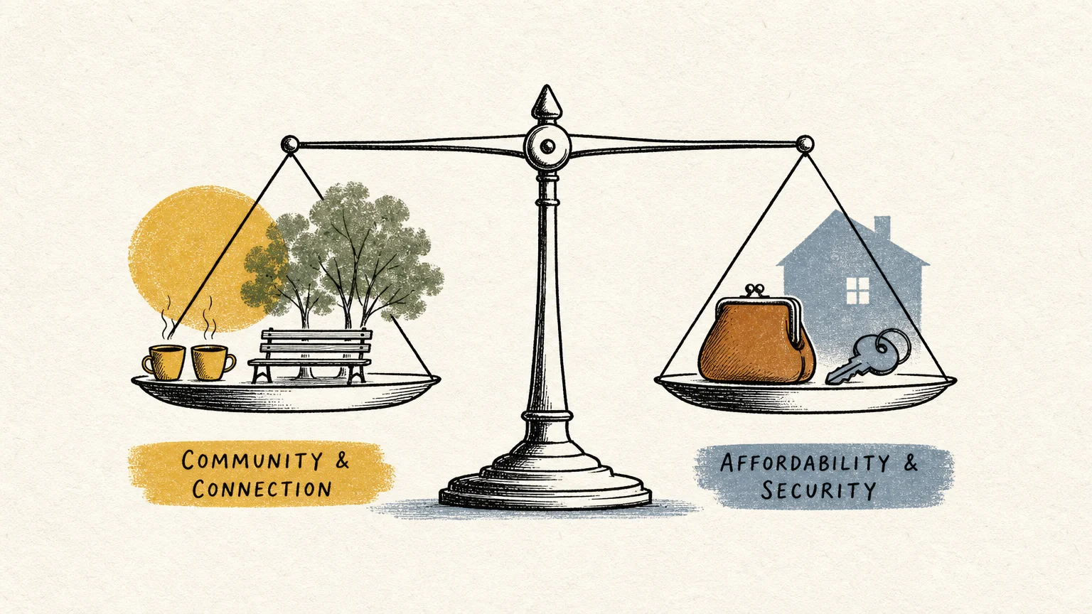 An elegant line-art illustration of a balancing scale weighing community connection against financial security.