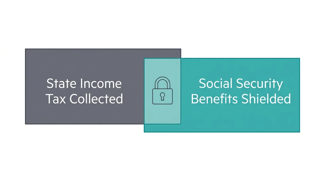 An elegant Venn diagram showing the intersection where states collect income tax but completely shield Social Security benefits.