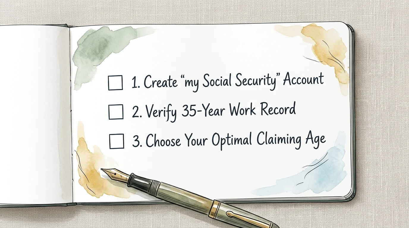An elegant watercolor sketch of an open notebook containing a three-step checklist for managing Social Security benefits.