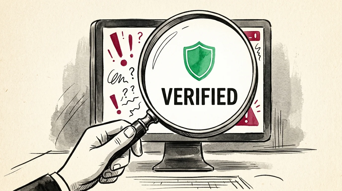 An illustration of a hand magnifying a computer screen showing a verified green shield, conceptual art.