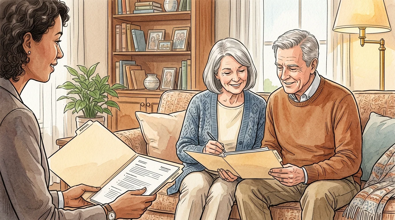 An illustration of a retired couple meeting with a professional advisor to review financial papers.