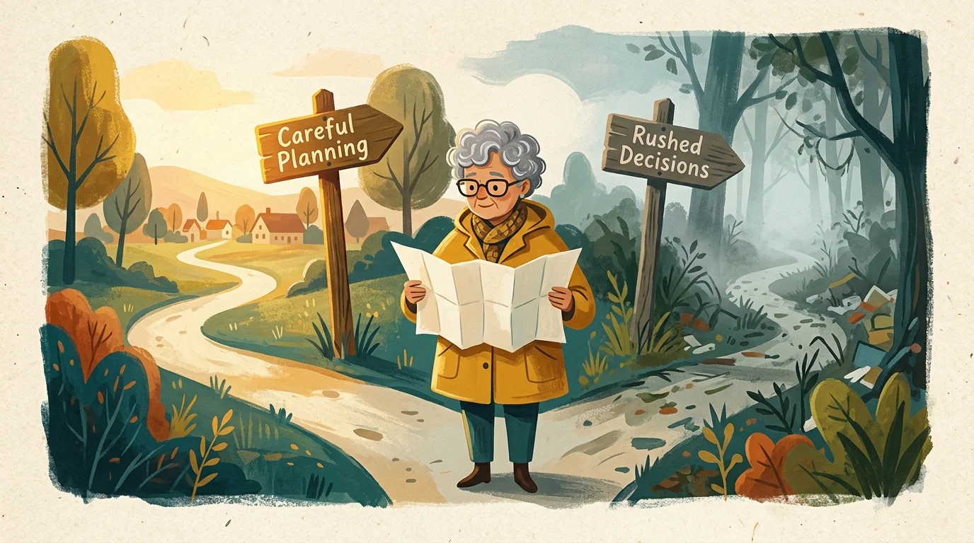 An illustration of a retiree holding a map at a crossroads, deciding between a path labeled Careful Planning and one labeled Rushed Decision