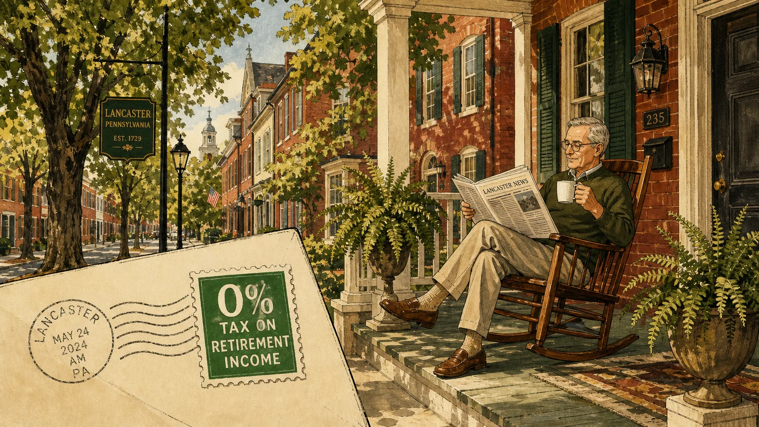 An illustration of a retiree on a Pennsylvania porch with a stamp highlighting the state's zero percent tax on retirement income.