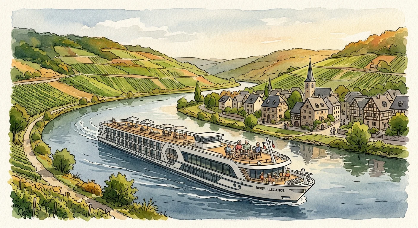 An illustration of a small river cruise boat traveling down a scenic river flanked by vineyards and a historic village.