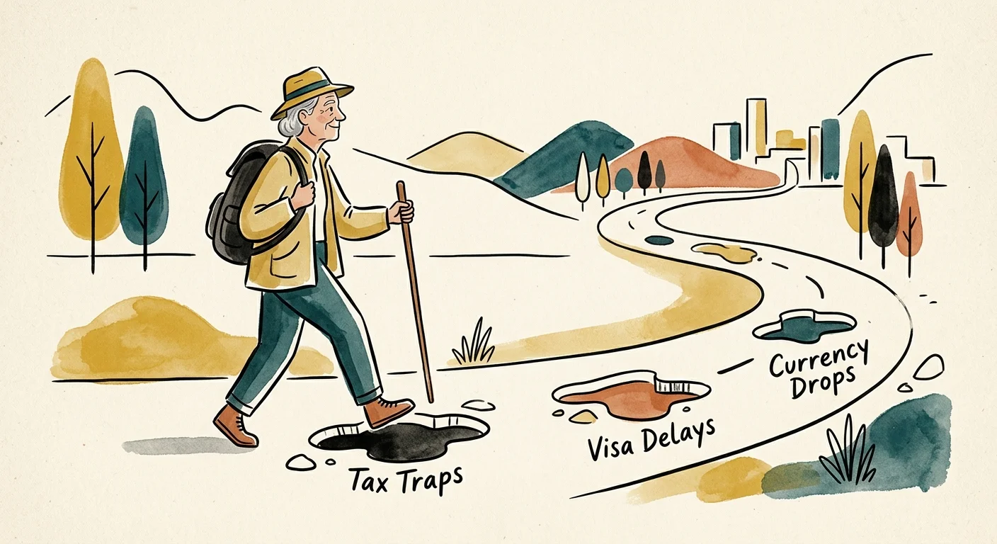 An illustration of a traveler carefully walking past path obstacles labeled 'Tax Traps', 'Visa Delays', and 'Currency Drops'.