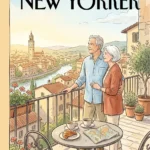 An illustration of an older couple looking out over a historic European town from a quiet cafe balcony.