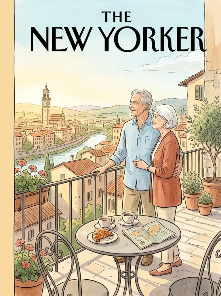An illustration of an older couple looking out over a historic European town from a quiet cafe balcony.
