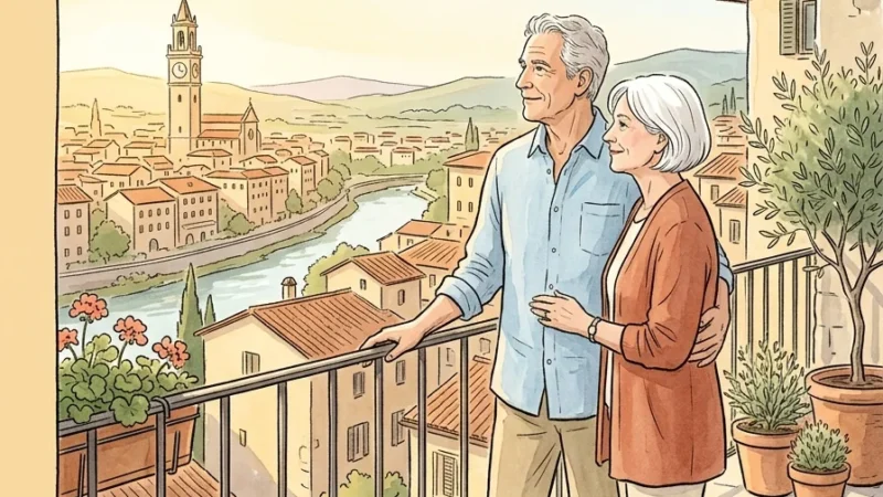 An illustration of an older couple looking out over a historic European town from a quiet cafe balcony.