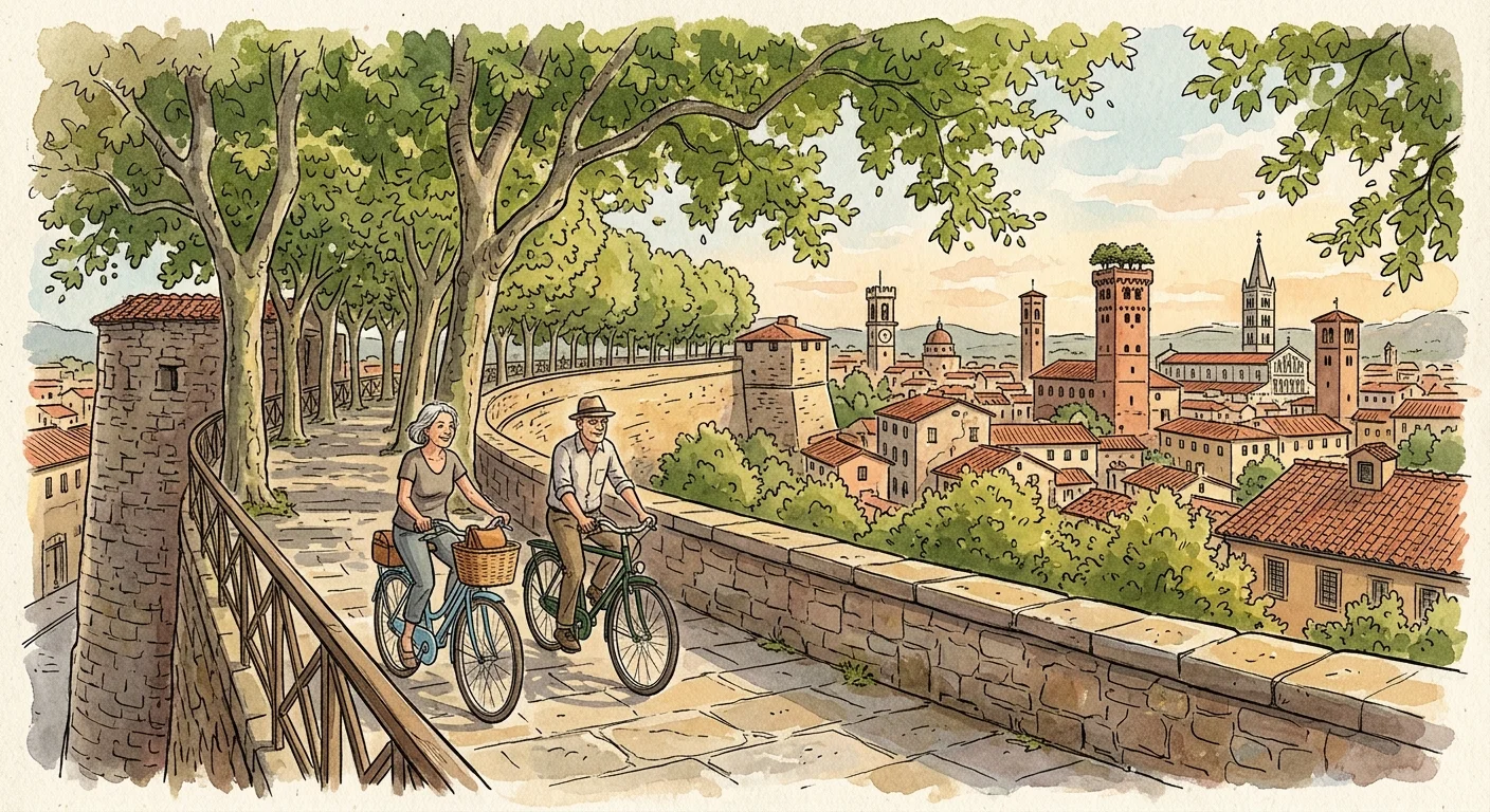 An illustration of an older couple riding bicycles on the wide, tree-lined stone walls of Lucca, Italy.