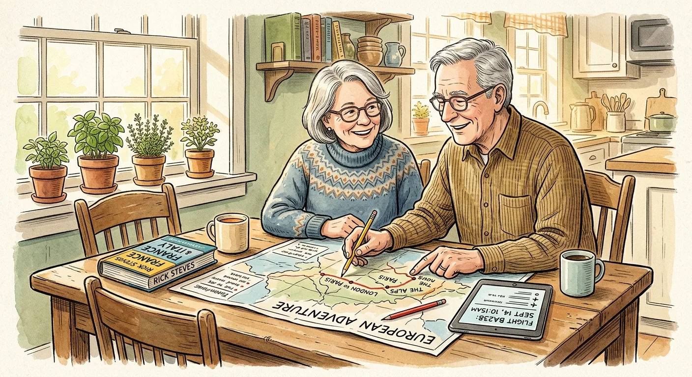 An illustration of an older couple sitting at their kitchen table, planning a trip with a map, guidebook, and tablet.