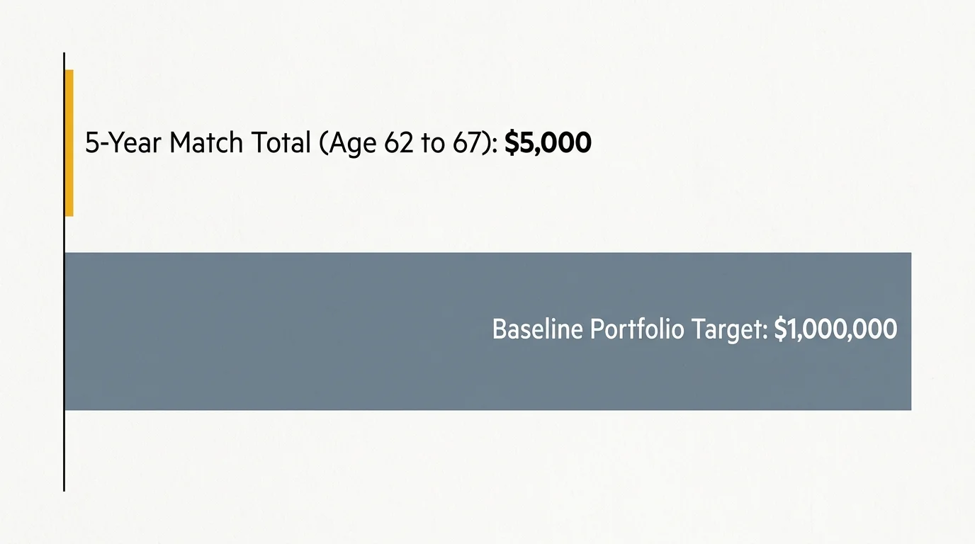 An infographic comparing a small $5,000 match total over five years to a massive $1,000,000 baseline retirement portfolio target.