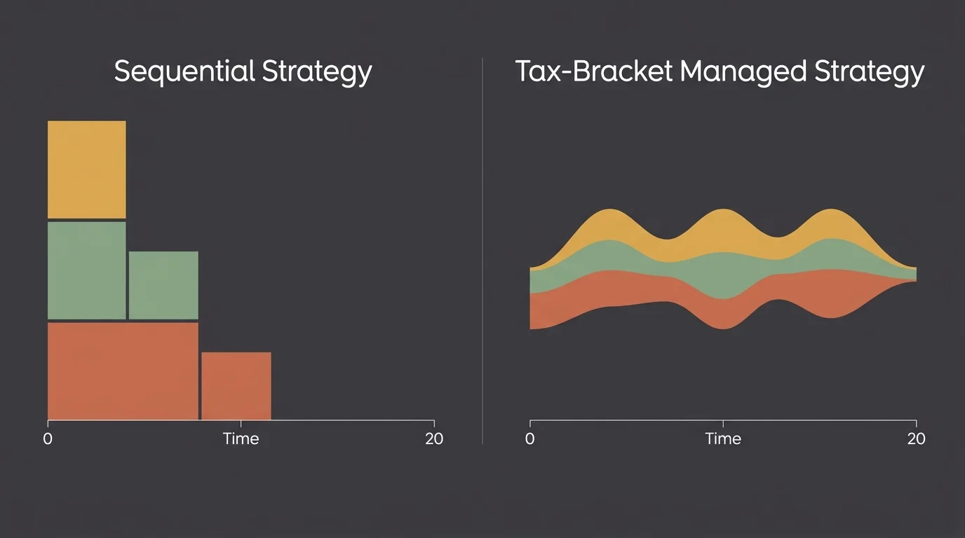 An infographic comparing the uneven asset depletion of the Sequential Strategy against the balanced Tax-Bracket Managed Strategy.