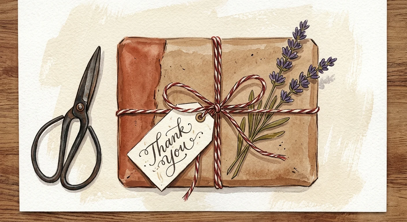 An ink and gouache illustration of a beautifully wrapped kraft paper package with a thank you note, scissors, and lavender.