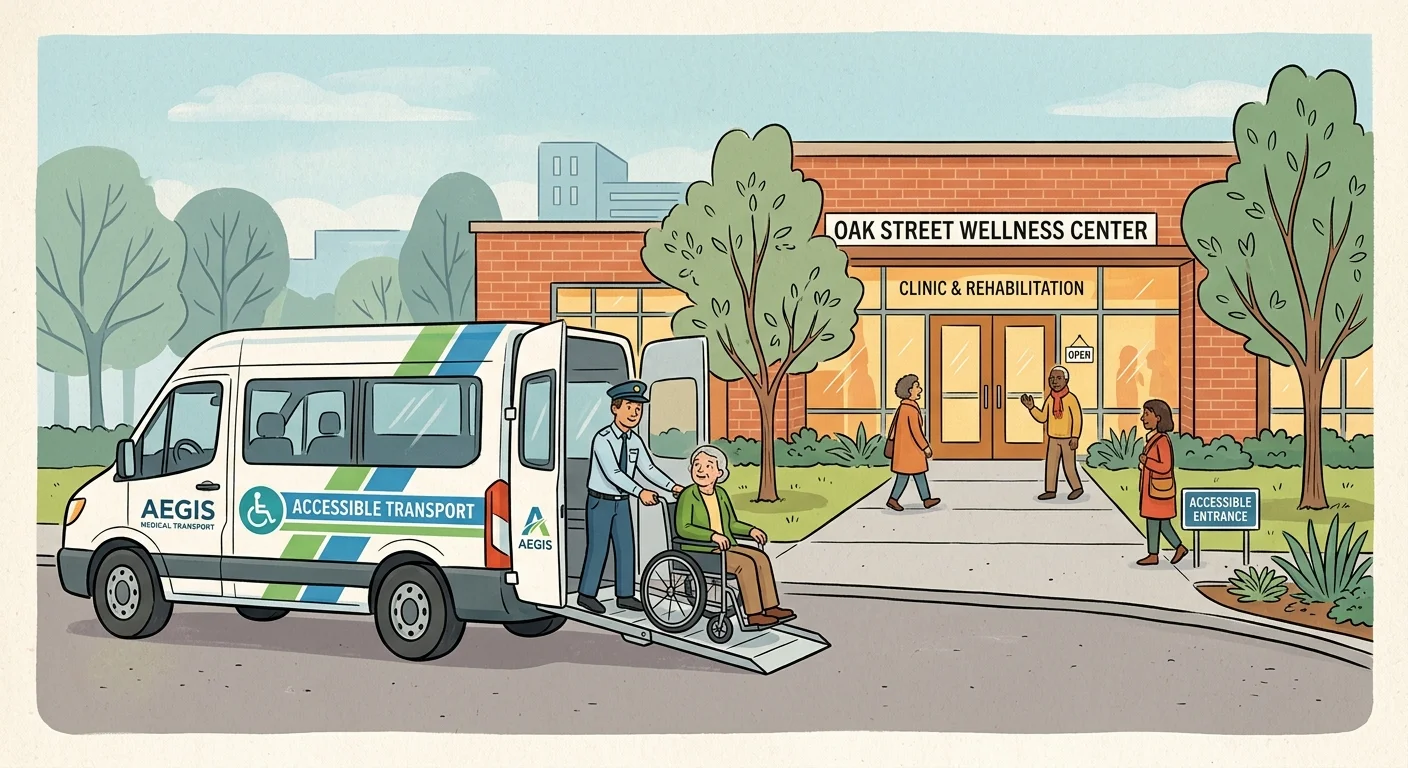 An ink and gouache illustration of an accessible transport van with a wheelchair icon parked outside a modern medical clinic.