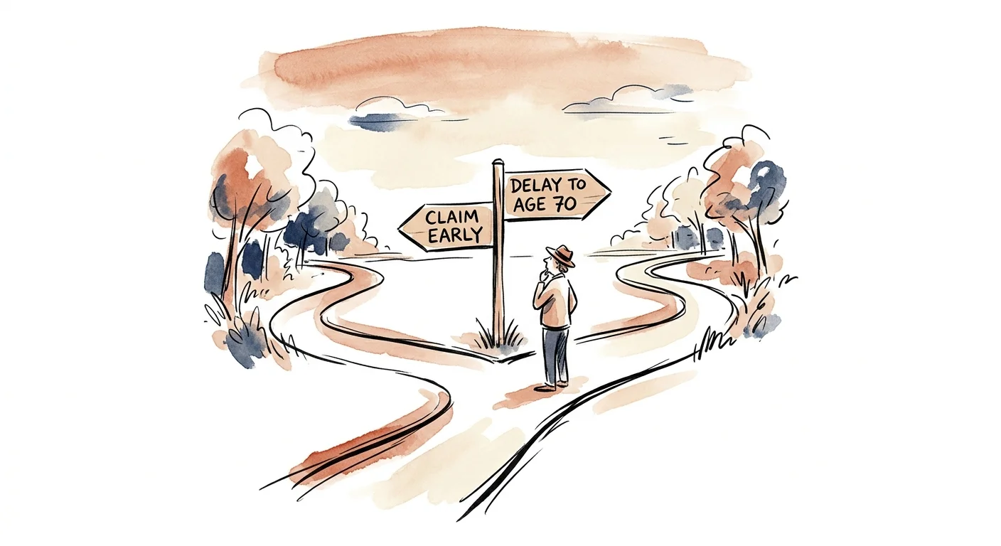 An ink and watercolor drawing of a fork in a path with signposts pointing to Claim Early and Delay to Age 70.