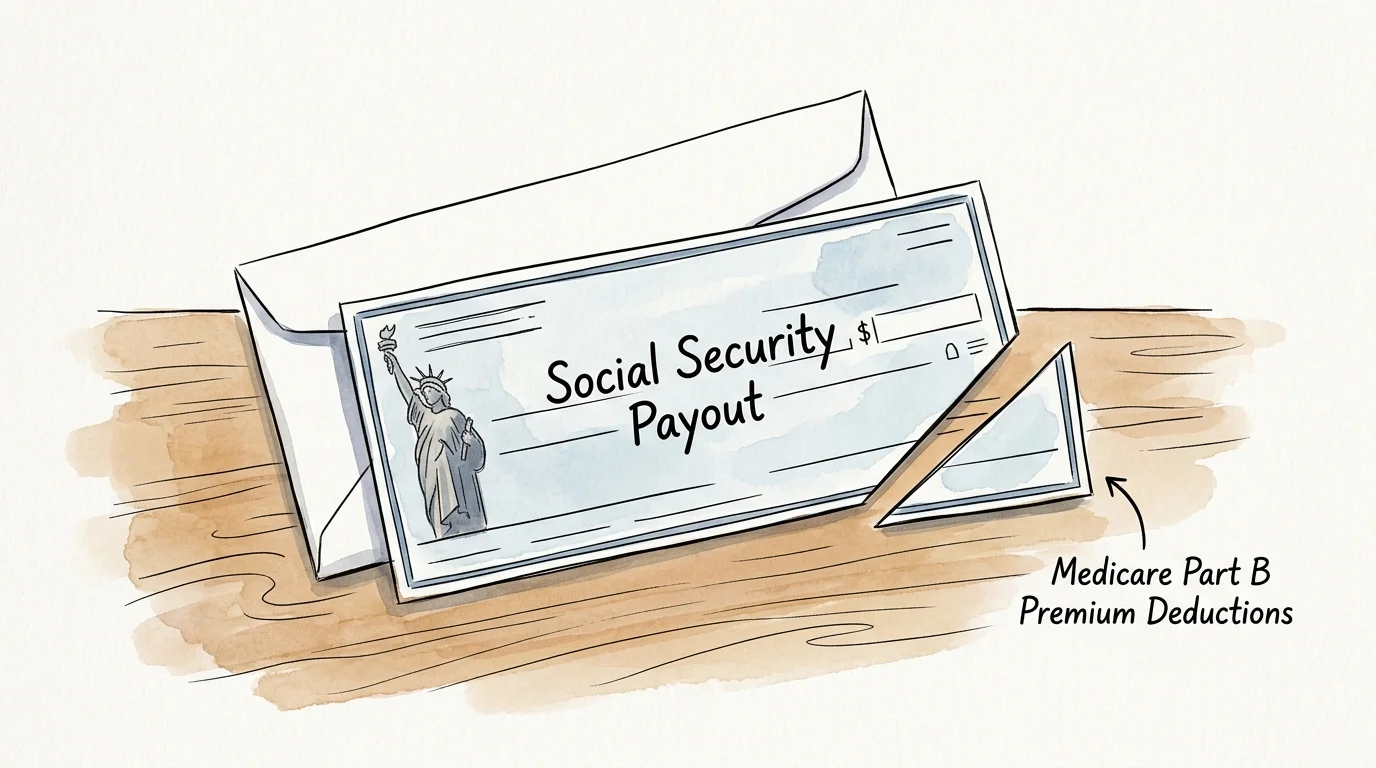 An ink and watercolor drawing of a Social Security check with a portion sliced off, labeled 'Medicare Part B Premium Deductions'.