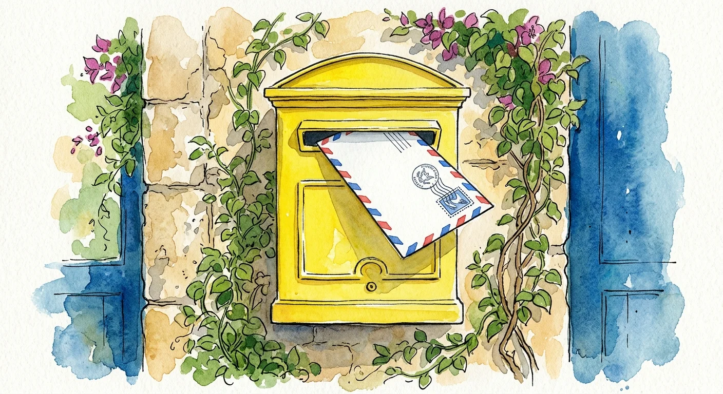 An ink and watercolor drawing of an airmail letter being delivered into a yellow foreign mailbox on a stone wall.