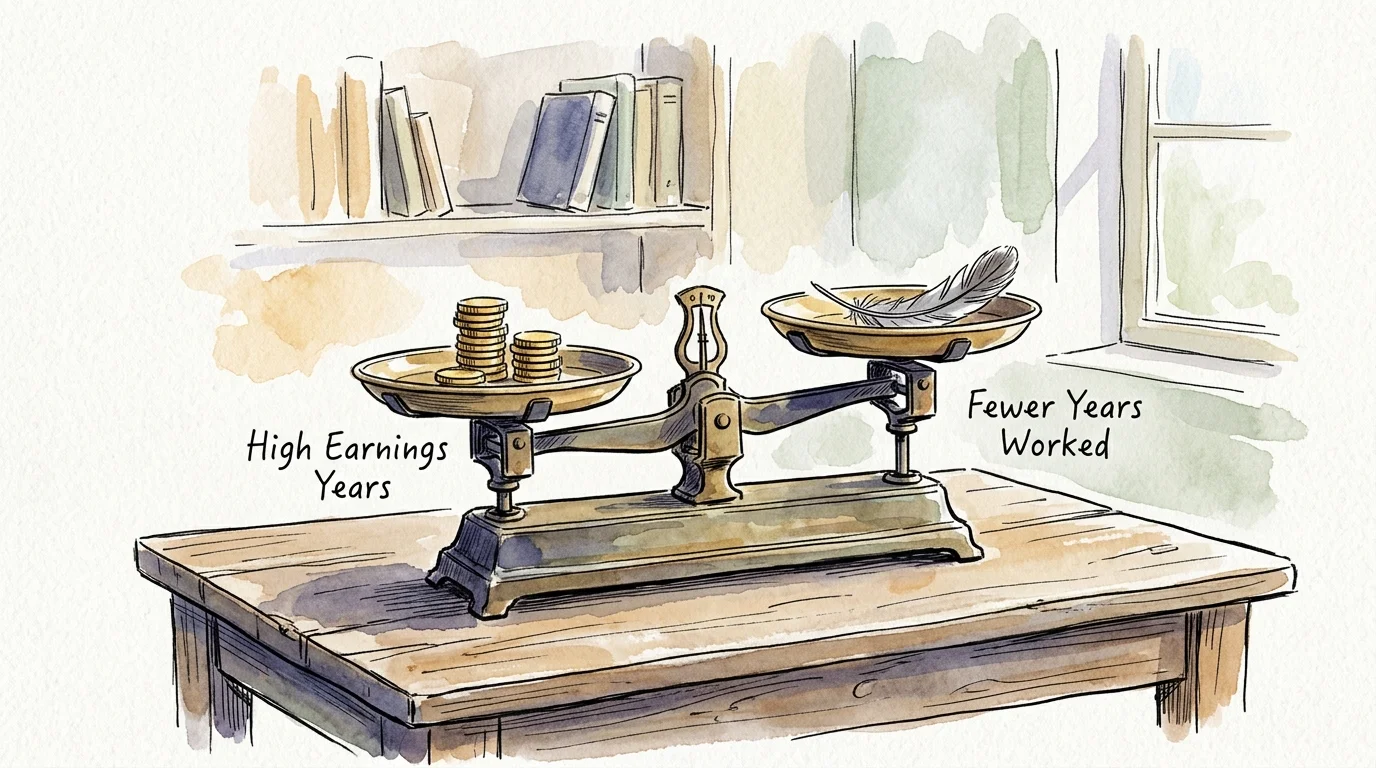 An ink and watercolor illustration of a balance scale weighing 'High Earnings Years' against 'Fewer Years Worked'.