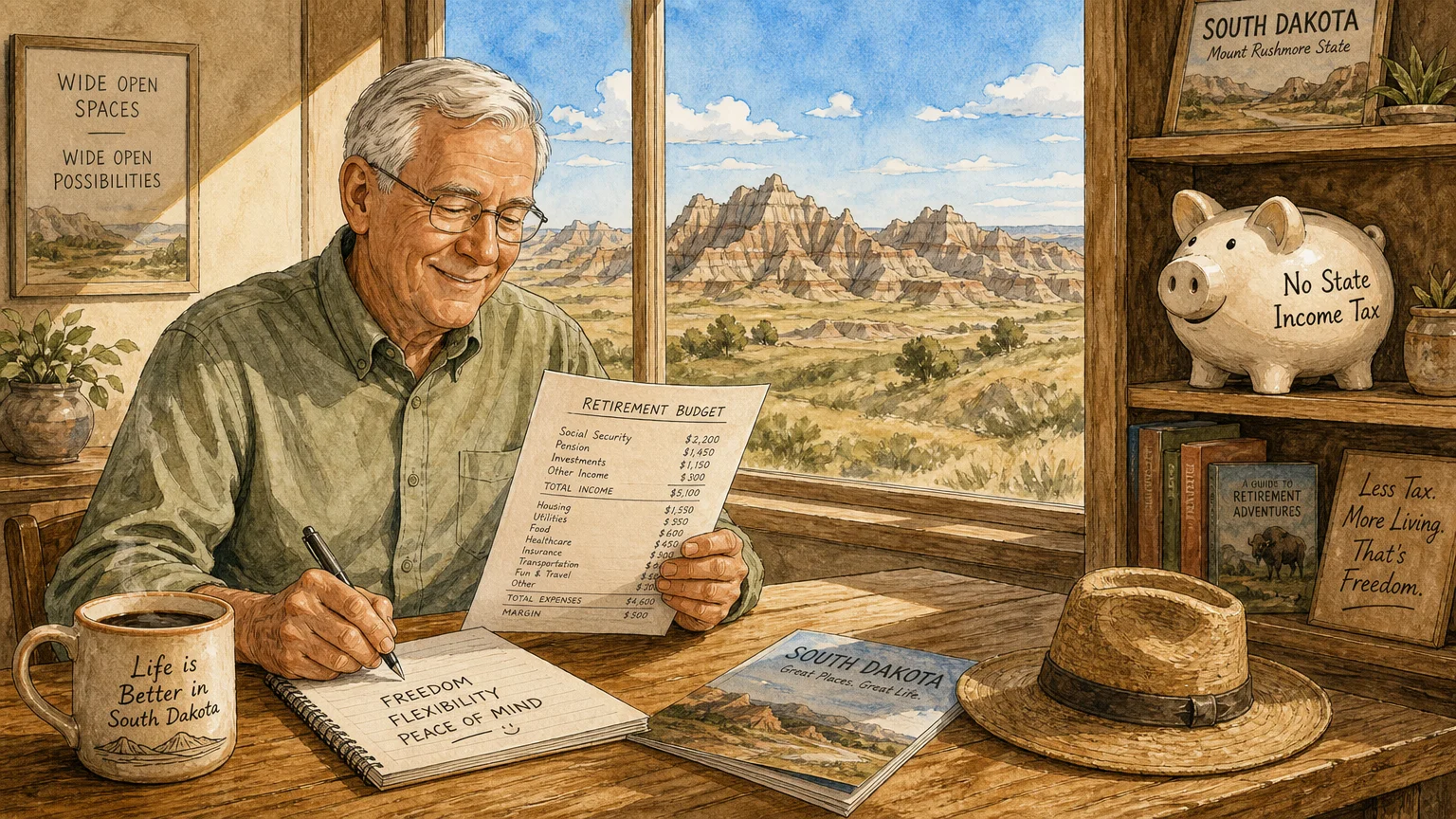 An ink and watercolor illustration of a retired man reviewing budget papers in South Dakota, next to a tax-free piggy bank.