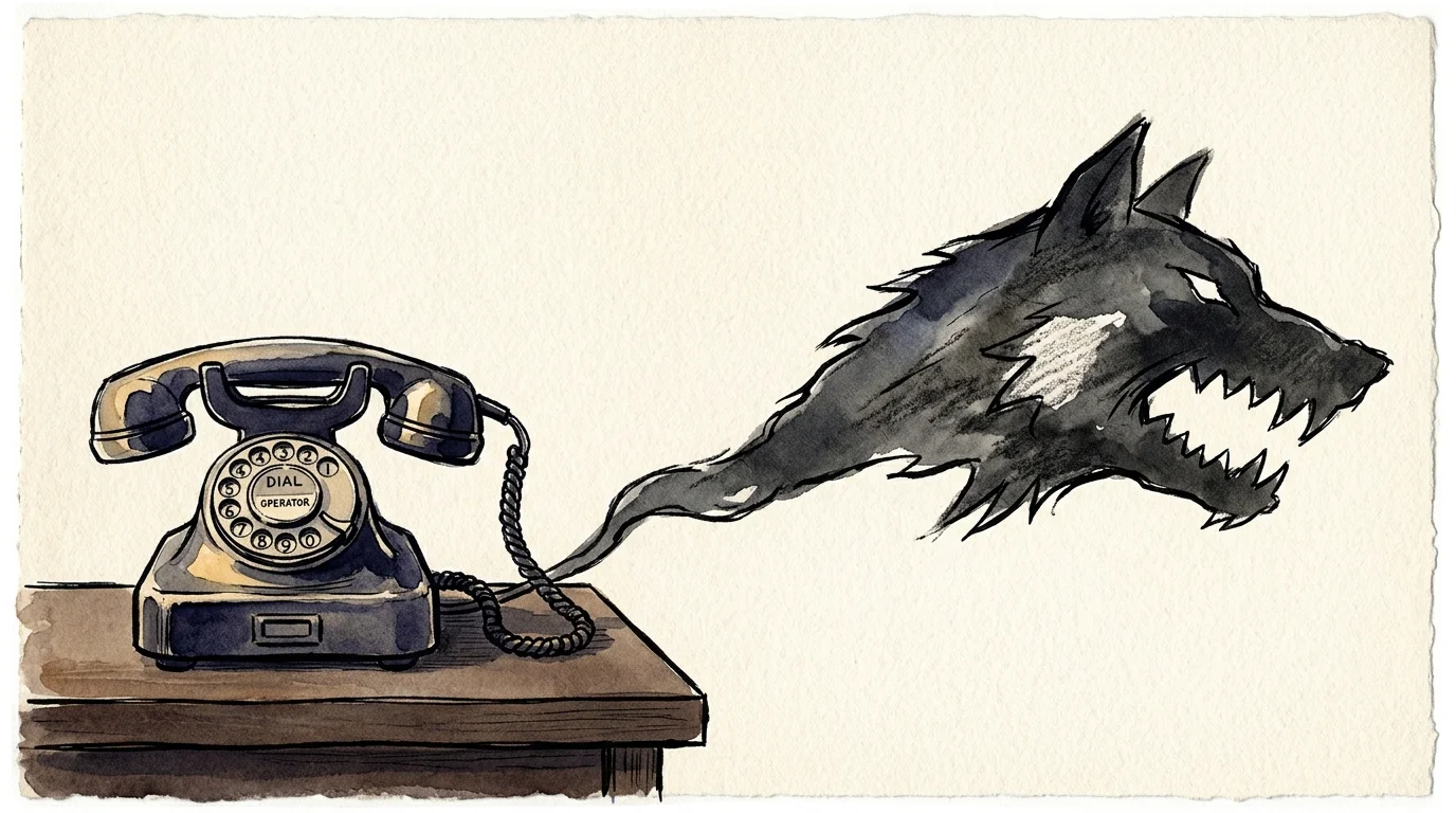An ink and watercolor illustration of a telephone casting a shadow shaped like a wolf, symbolizing deceptive phone scams.