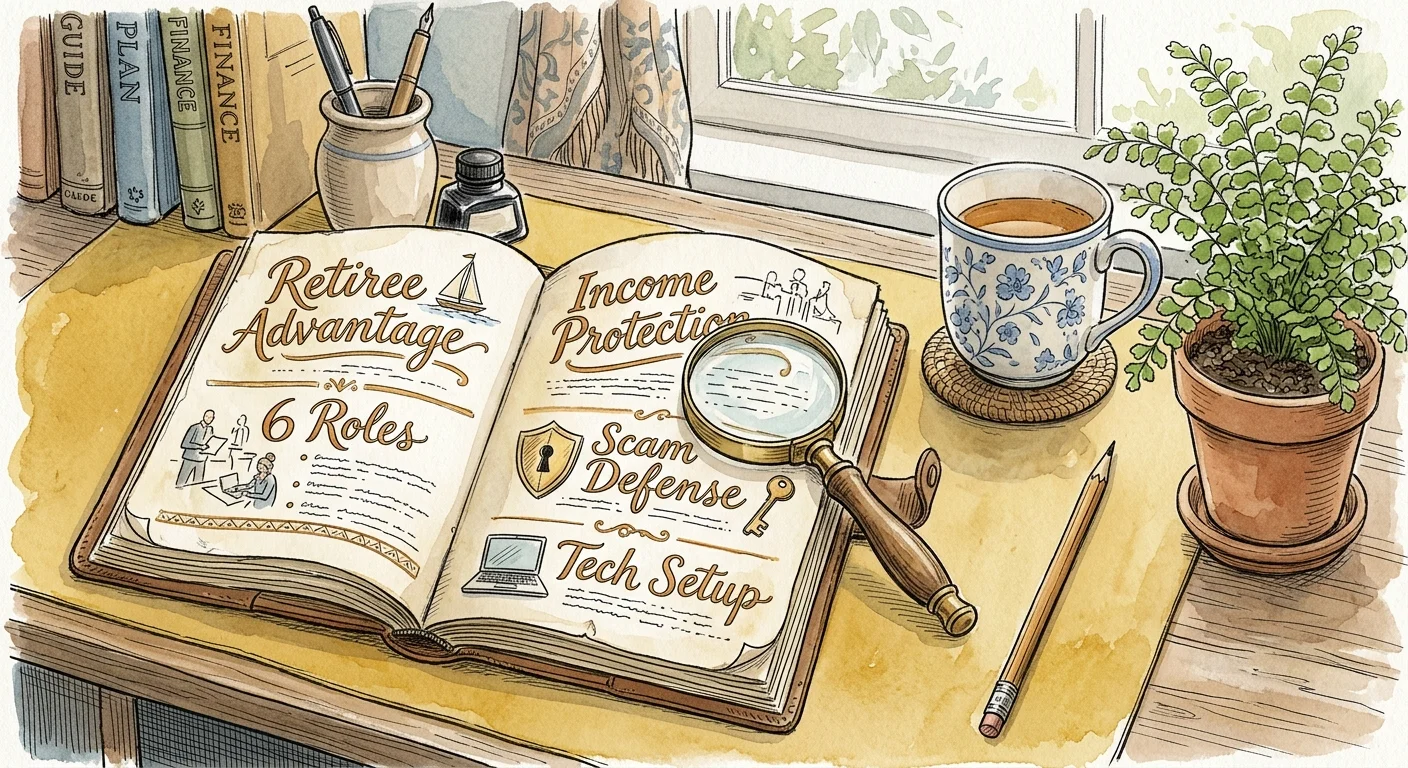 An ink and watercolor illustration of an open notebook with written topics next to a coffee mug and magnifying glass on a desk.
