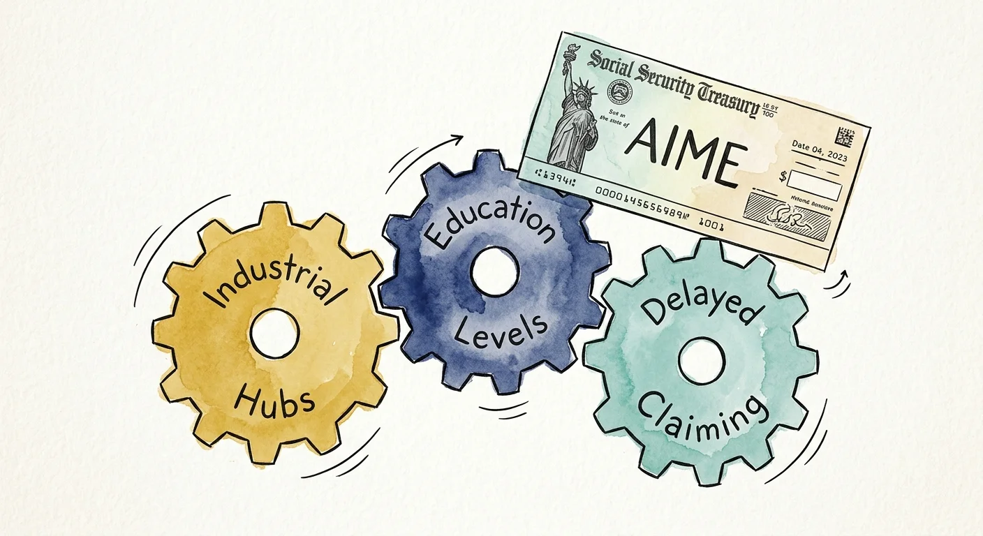 An ink and watercolor illustration of three gears labeled Industrial Hubs, Education Levels, and Delayed Claiming working together.