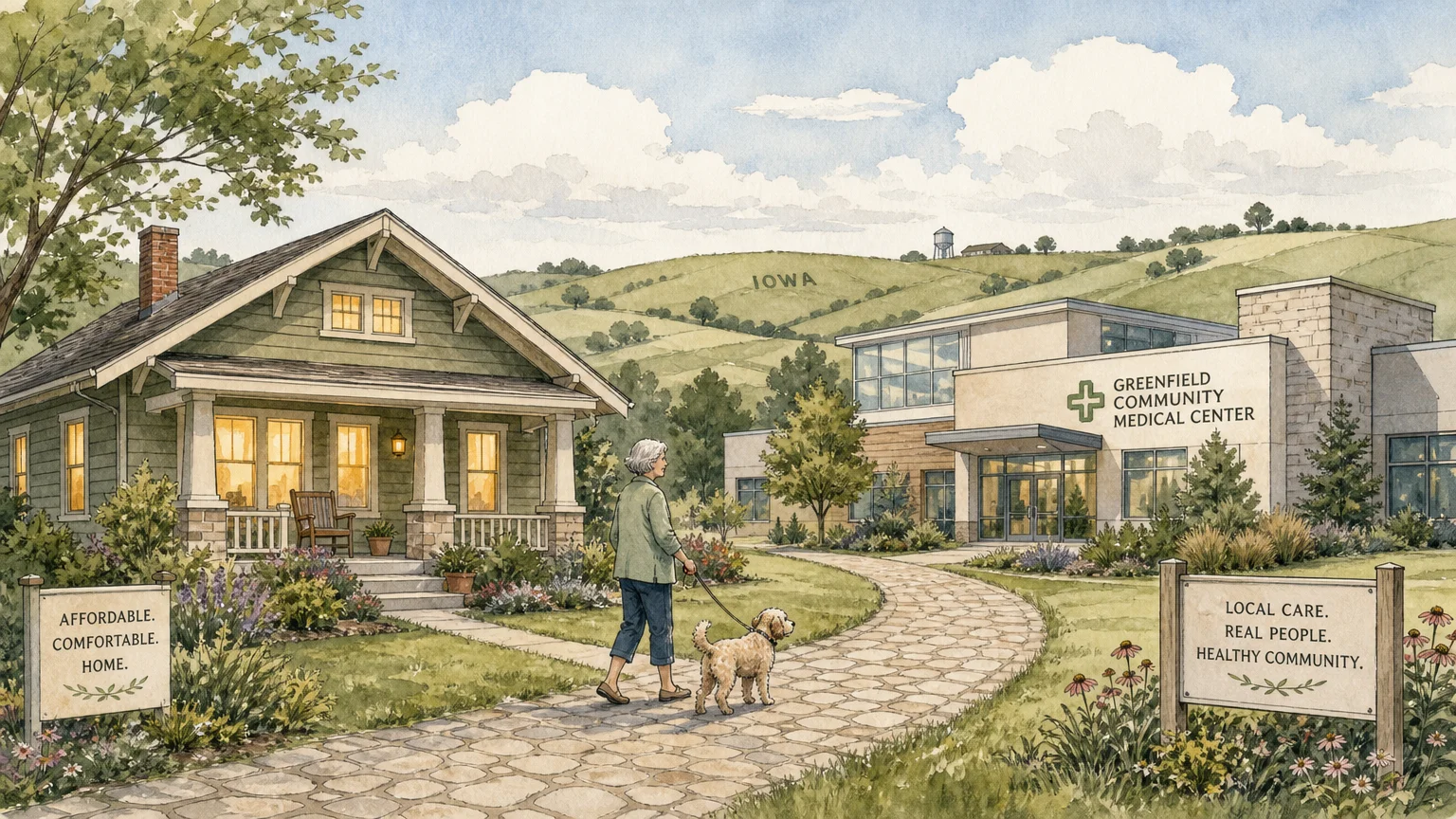 An ink and watercolor illustration showing an affordable bungalow connected by a path to a modern medical center.