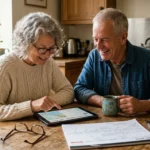 An older couple at a warm kitchen table happily looking at a tablet together, planning a trip using travel discounts.