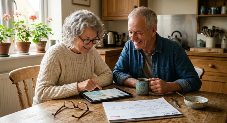 An older couple at a warm kitchen table happily looking at a tablet together, planning a trip using travel discounts.