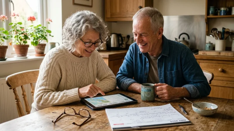 An older couple at a warm kitchen table happily looking at a tablet together, planning a trip using travel discounts.