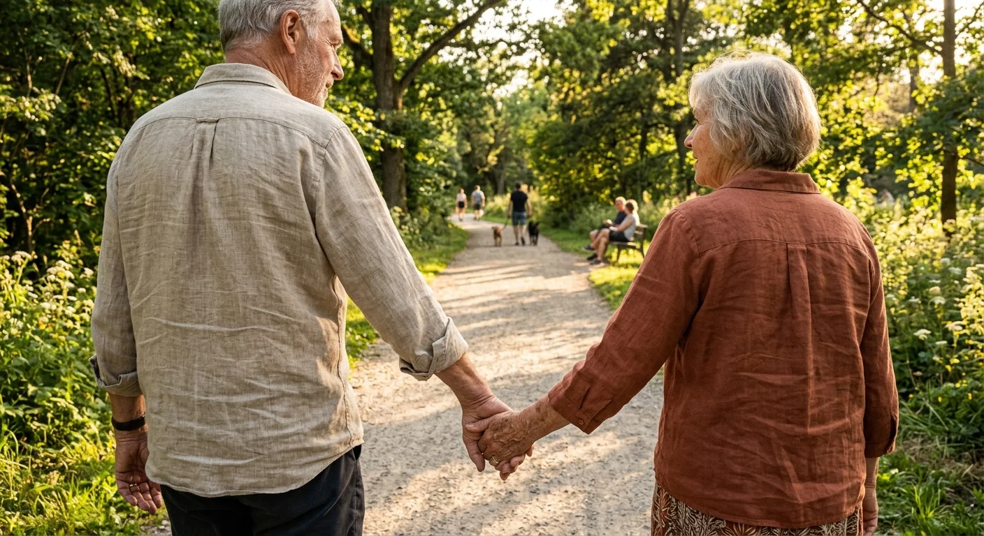 An older couple holding hands as they walk along a sunny, tree-lined path.