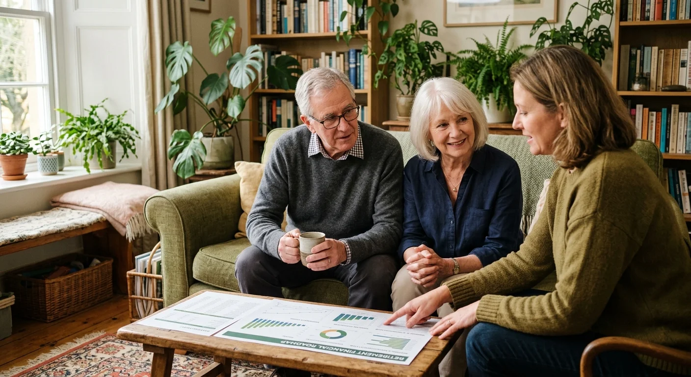 An older couple in a sunlit living room reviews a financial roadmap with a professional planner, looking relaxed and reassured.