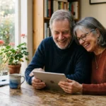 An older couple in casual clothes sitting at a wooden kitchen table, looking at a tablet together in warm natural light.