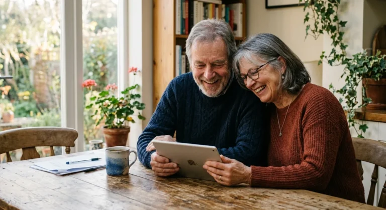 An older couple in casual clothes sitting at a wooden kitchen table, looking at a tablet together in warm natural light.