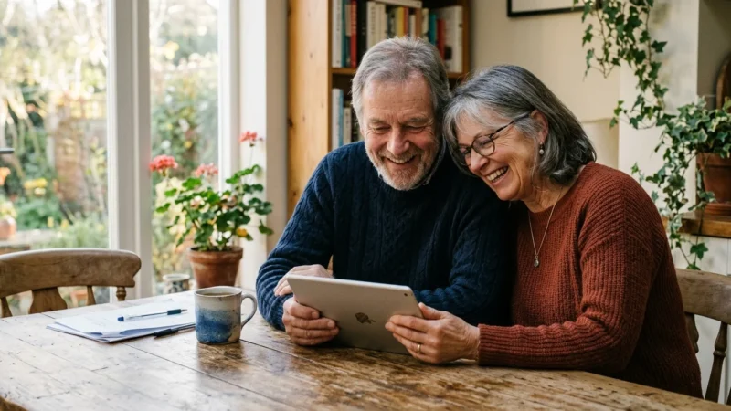 An older couple in casual clothes sitting at a wooden kitchen table, looking at a tablet together in warm natural light.
