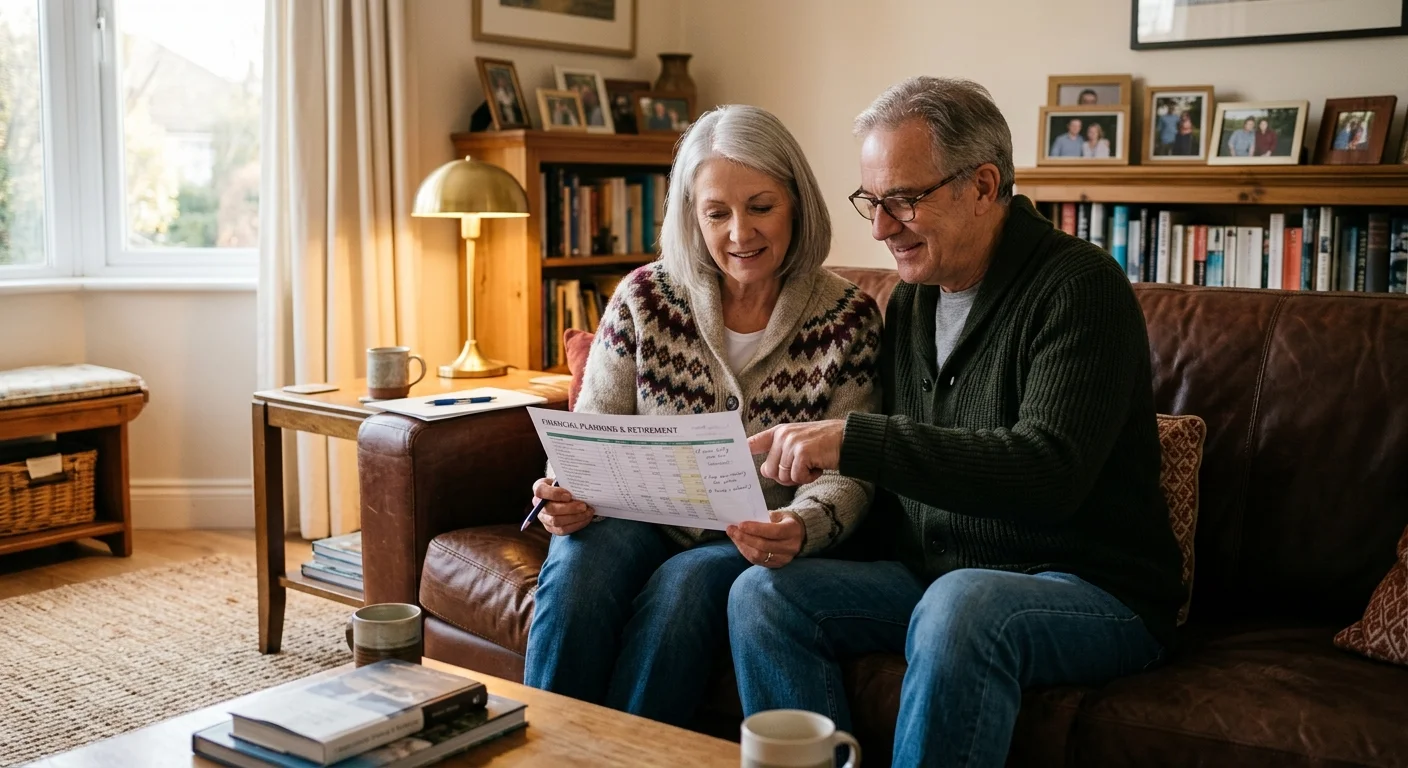 An older couple in casual clothes sitting on a living room sofa, reviewing financial planning papers together in warm afternoon light.