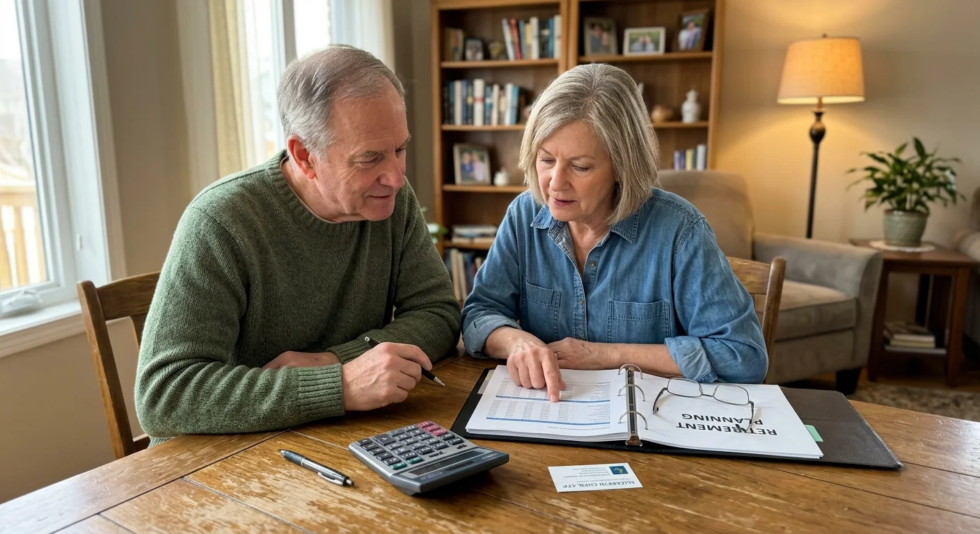An older couple reviews financial papers and a tax advisor's card at their dining table in warm home lighting.
