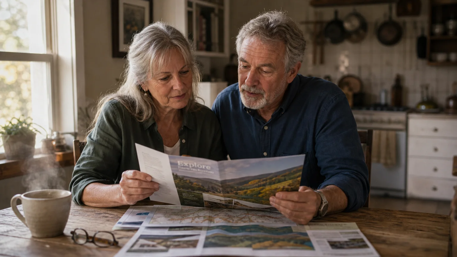 An older couple sitting at a wooden kitchen table casually reviewing maps and real estate papers in soft morning light.