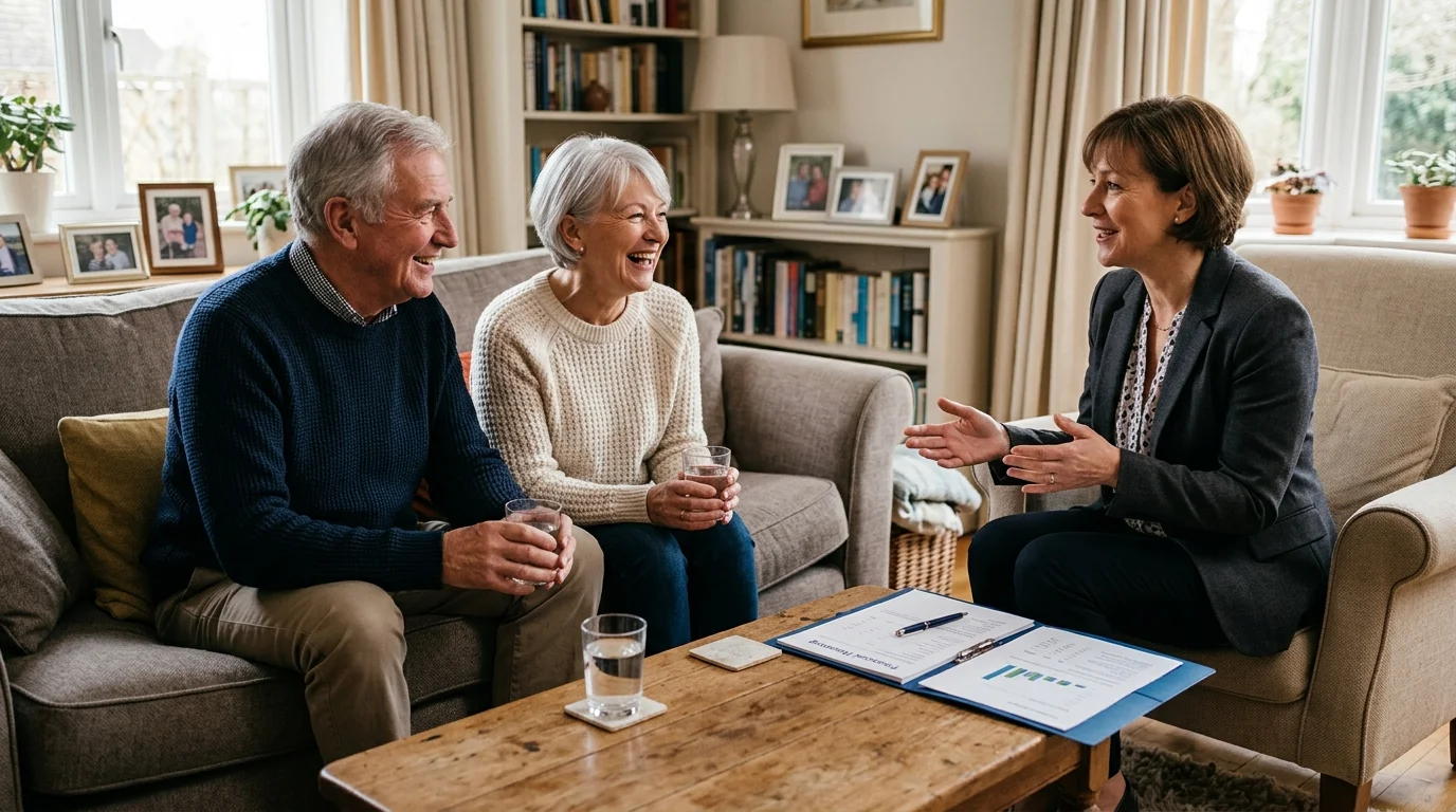 An older couple talks warmly with a financial advisor in their comfortable, sunlit living room.