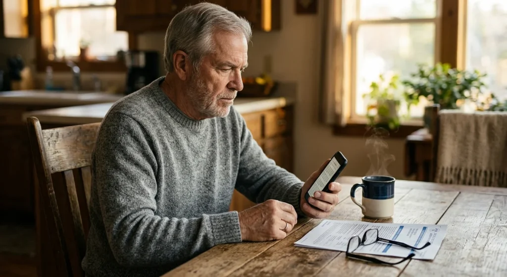 An older man sits at a kitchen table looking cautiously at his smartphone next to a Social Security statement and a warm mug.