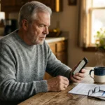 An older man sits at a kitchen table looking cautiously at his smartphone next to a Social Security statement and a warm mug.