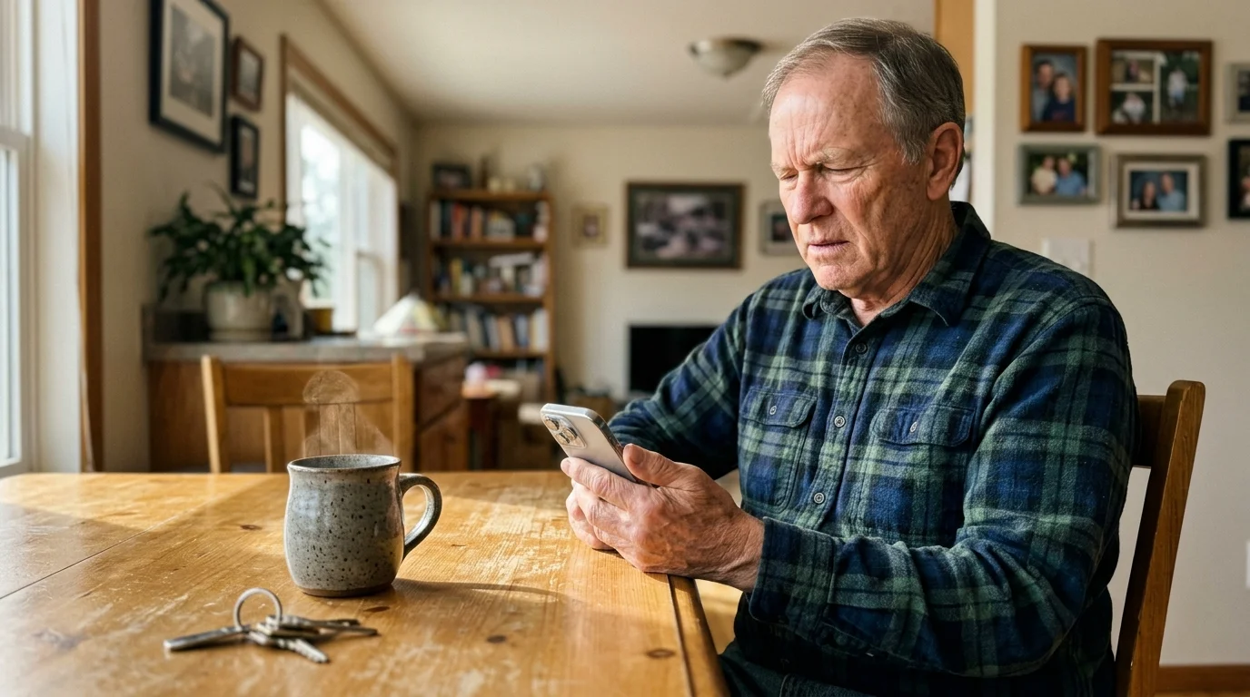 An older man sitting at a sunlit kitchen table, looking concerned at his smartphone, photo.