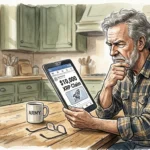 An older veteran looking skeptically at a tablet showing a $10,000 XRP claim, watercolor illustration.