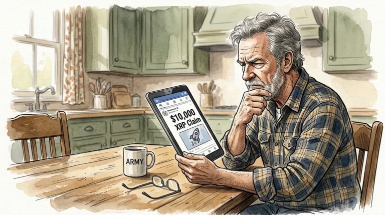 An older veteran looking skeptically at a tablet showing a $10,000 XRP claim, watercolor illustration.