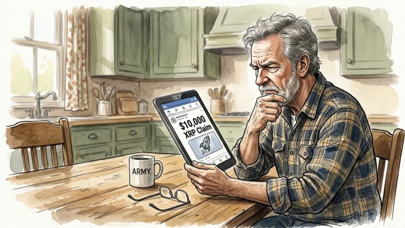 An older veteran looking skeptically at a tablet showing a $10,000 XRP claim, watercolor illustration.