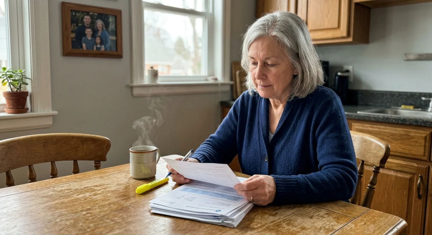 An older woman in a navy cardigan calmly reviews medical explanation-of-benefits papers at her kitchen table in soft morning light.