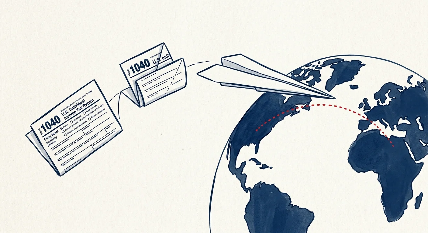 An origami paper airplane made of a 1040 tax form flying over a minimalist hand-drawn globe.